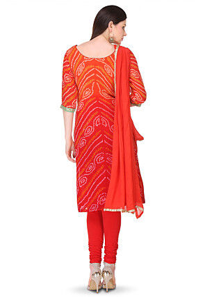 Embroidered Bandhej Pure Chinon Crepe Straight Cut Suit in Red