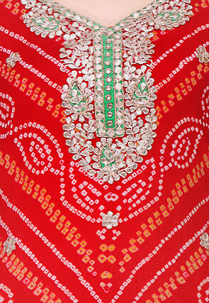 Pure Chinon Crepe Bandhej Straight Suit in Ombre Red and Orange