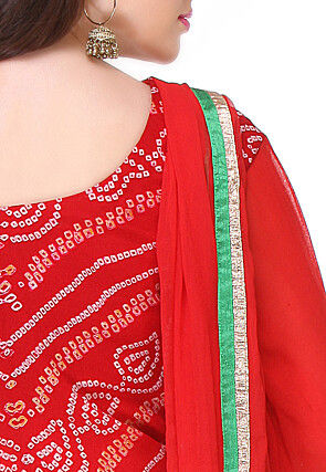 Pure Chinon Crepe Bandhej Straight Suit in Ombre Red and Orange