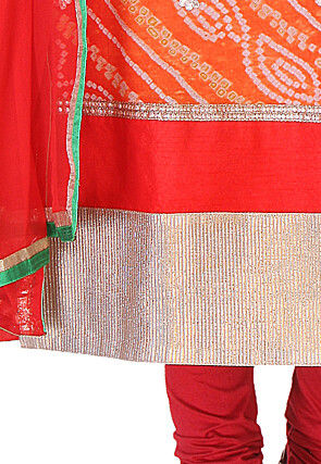 Pure Chinon Crepe Bandhej Straight Suit in Ombre Red and Orange