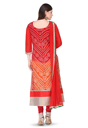 Pure Chinon Crepe Bandhej Straight Suit in Ombre Red and Orange