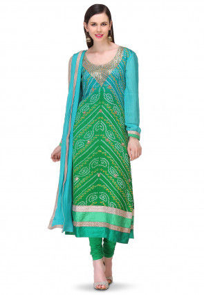 Bandhej Printed Pure Chinon Crepe Straight Cut Suit in Ombre Green