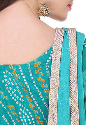 Bandhej Printed Pure Chinon Crepe Straight Cut Suit in Ombre Green