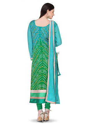 Bandhej Printed Pure Chinon Crepe Straight Cut Suit in Ombre Green