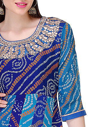 Bandhej Printed Pure Chinon Crepe Anarkali Suit in Blue