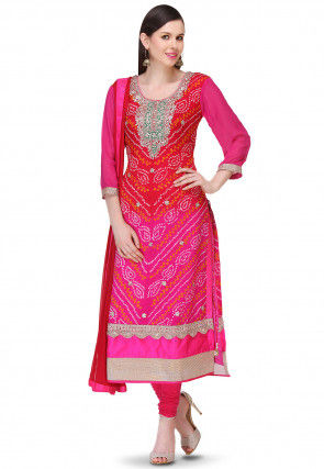 Bandhej Pure Chinon Crepe Straight Cut Suit in Red and Fuchsia