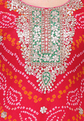 Bandhej Pure Chinon Crepe Straight Cut Suit in Red and Fuchsia