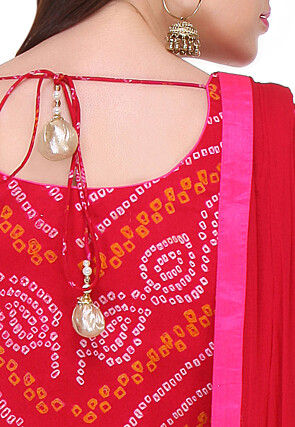 Bandhej Pure Chinon Crepe Straight Cut Suit in Red and Fuchsia