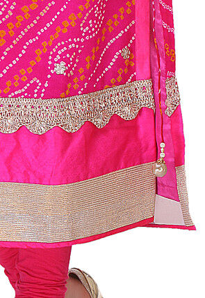 Bandhej Pure Chinon Crepe Straight Cut Suit in Red and Fuchsia