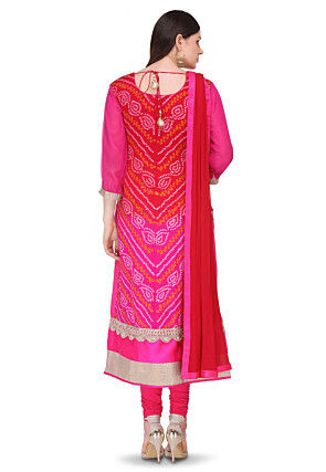 Bandhej Pure Chinon Crepe Straight Cut Suit in Red and Fuchsia
