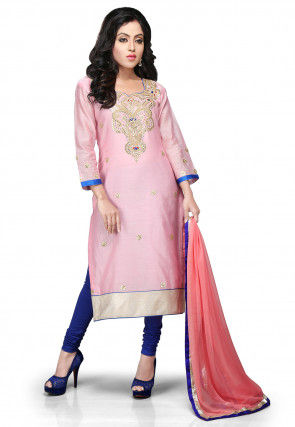 Embroidered Cotton Chanderi Straight Cut Suit in Baby Pink