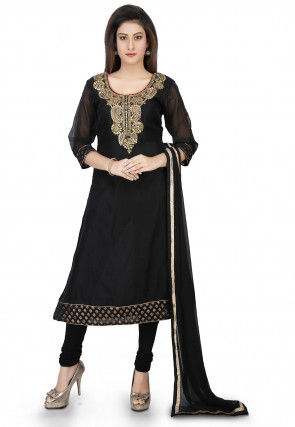 Embroidered Chanderi Cotton A Line Suit in Black