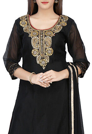 Embroidered Chanderi Cotton A Line Suit in Black