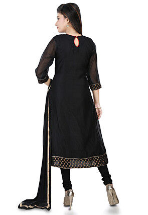 Embroidered Chanderi Cotton A Line Suit in Black