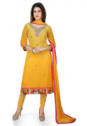 Embroidered Georgette Straight Suit in Yellow Ombre