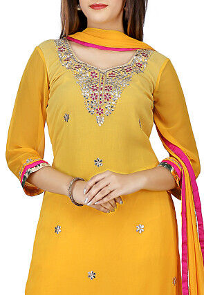 Embroidered Georgette Straight Suit in Yellow Ombre