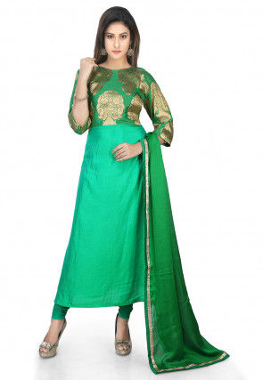 Woven Banarasi Silk A Line Suit in Green 