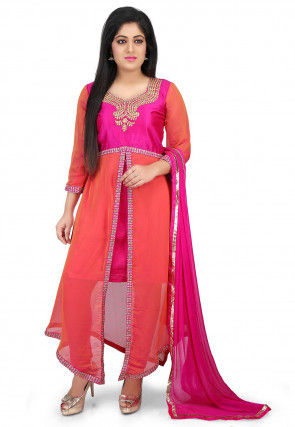Embroidered Georgette Asymmetric Suit in Peach and Fuchsia