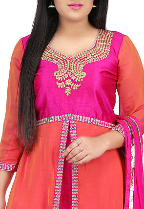 Embroidered Georgette Asymmetric Suit in Peach and Fuchsia