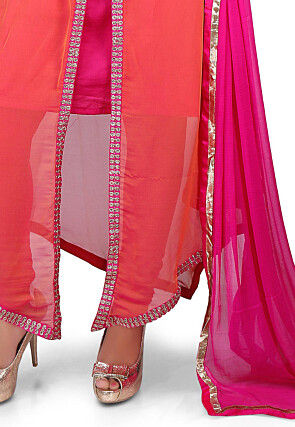 Embroidered Georgette Asymmetric Suit in Peach and Fuchsia