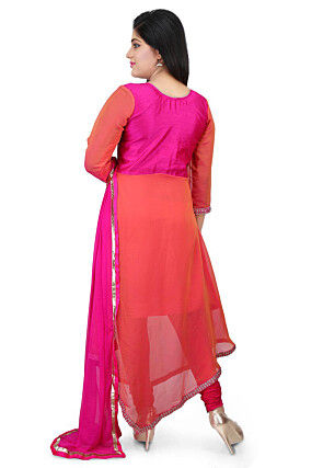 Embroidered Georgette Asymmetric Suit in Peach and Fuchsia