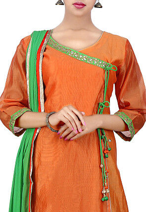 Gota Patti Cotton Chanderi Angrakha Style Suit in Orange