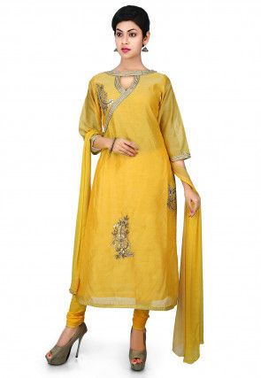 Gota Patti Embroidered Cotton Chanderi Straight Suit in Yellow