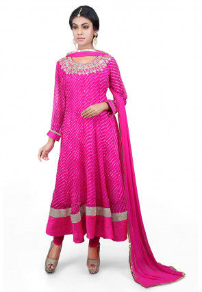Pure Georgette Lehariya Anarkali Suit in Fuchsia