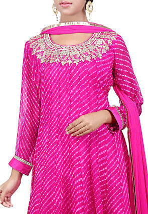 Pure Georgette Lehariya Anarkali Suit in Fuchsia