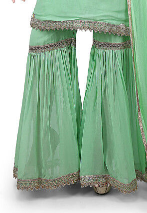 Hand Embroidered Neckline Georgette Pakistani Suit in Green