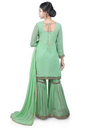 Hand Embroidered Neckline Georgette Pakistani Suit in Green