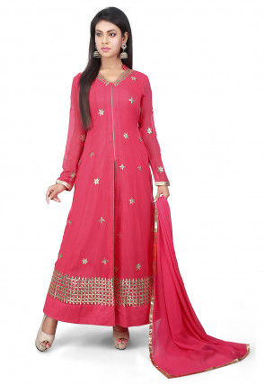 Embroidered Georgette Jacket Style Abaya Suit in Coral