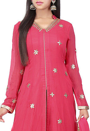 Embroidered Georgette Jacket Style Abaya Suit in Coral