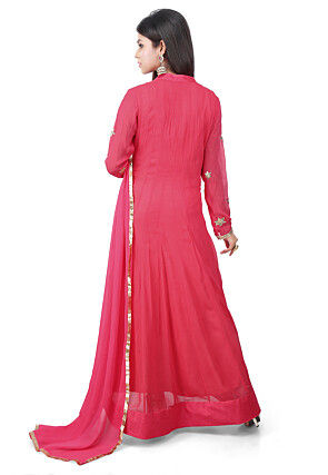 Embroidered Georgette Jacket Style Abaya Suit in Coral