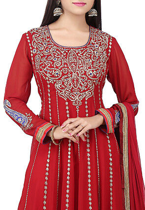 Embroidered Georgette Abaya Style Suit in Maroon