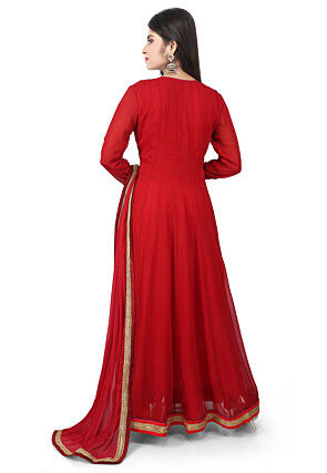 Embroidered Georgette Abaya Style Suit in Maroon