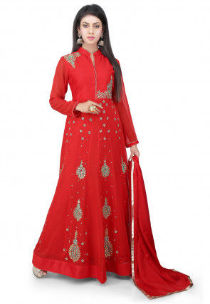 Embroidered Georgette Abaya Style Suit in Red