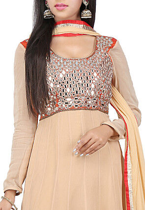 Embroidered Georgette Abaya Style Suit in Beige