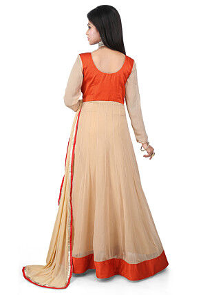 Embroidered Georgette Abaya Style Suit in Beige