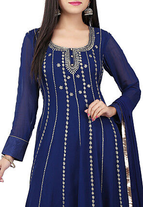 Embroidered Georgette Abaya Style Suit in Blue