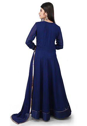 Embroidered Georgette Abaya Style Suit in Blue