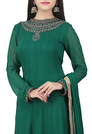 Plain Georgette Abaya Style Suit in Green