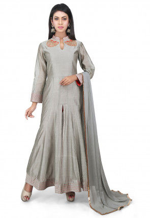 Embroidered Chanderi Cotton Anarkali Suit in Grey