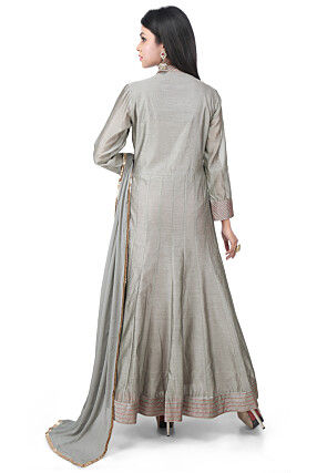 Embroidered Chanderi Cotton Anarkali Suit in Grey