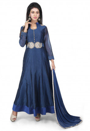 Embroidered Chanderi Cotton Anarkali Suit in Dark Blue