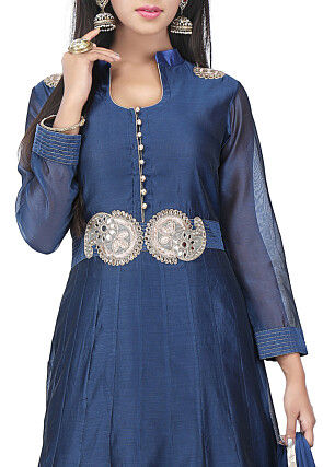 Embroidered Chanderi Cotton Anarkali Suit in Dark Blue