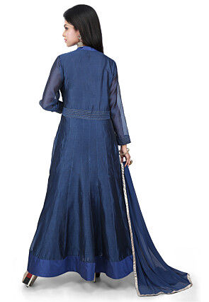 Embroidered Chanderi Cotton Anarkali Suit in Dark Blue