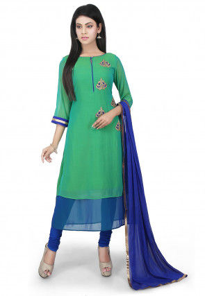 Embroidered Georgette Straight Suit in Green