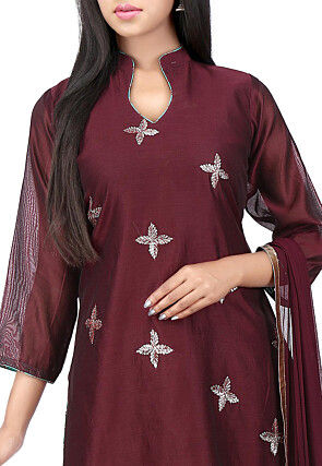 Embroidered Chanderi Cotton Straight Suit in Brown