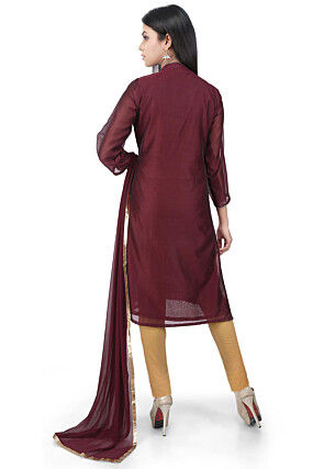Embroidered Chanderi Cotton Straight Suit in Brown